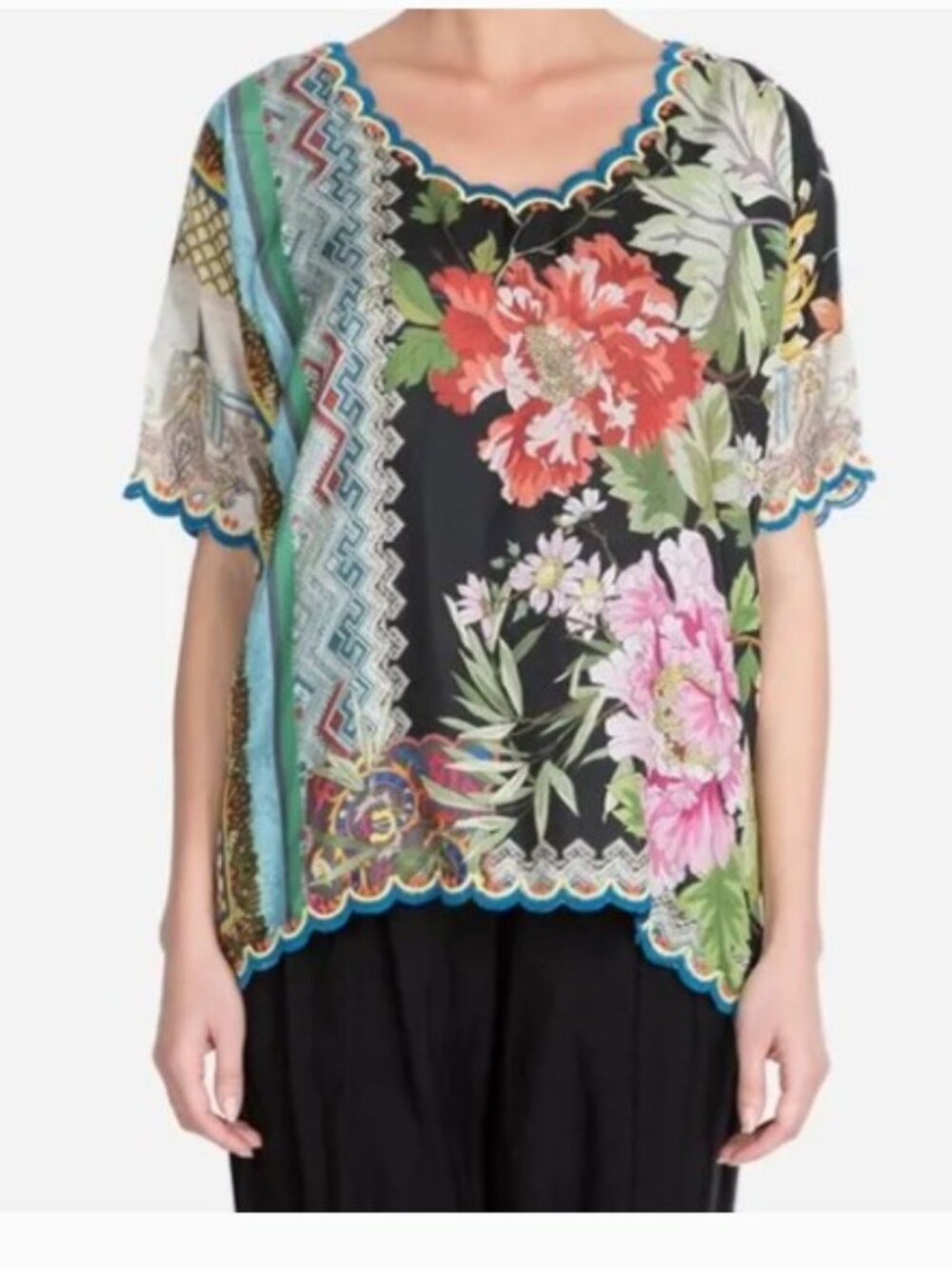 Johnny Was Loden Floral Silk Top Embroidered Tropical Flowers Boho Vacation